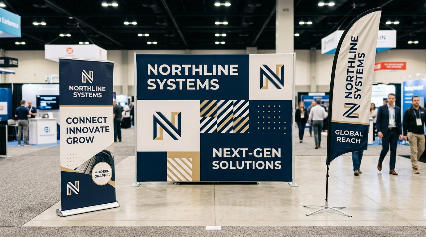 Trade show banners: roll-up vs hanging vs feather flag